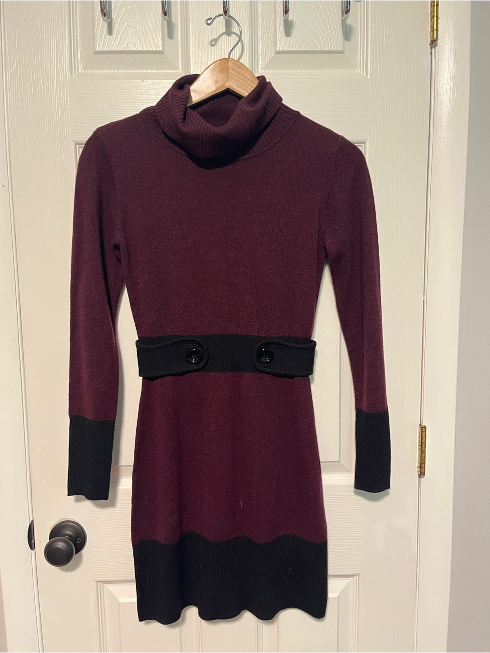 Iz Byer Burgundy and Black Turtleneck Sweater Dress with Buttoned Waist